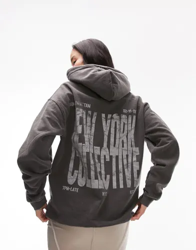 Topshop graphic New York collective oversized hoodie in charcoal-Grey