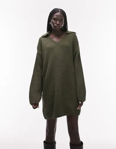 Topshop knitted chuck on collar dress in khaki-Green