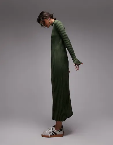 Topshop knitted funnel neck variegated rib maxi dress in green
