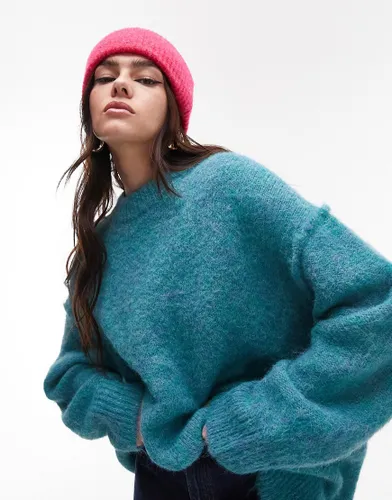 Topshop knitted longline exposed seam fluffy crew neck jumper in teal-Blue