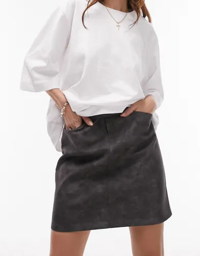 Topshop leather look 90s length zip detail skirt in distressed grey