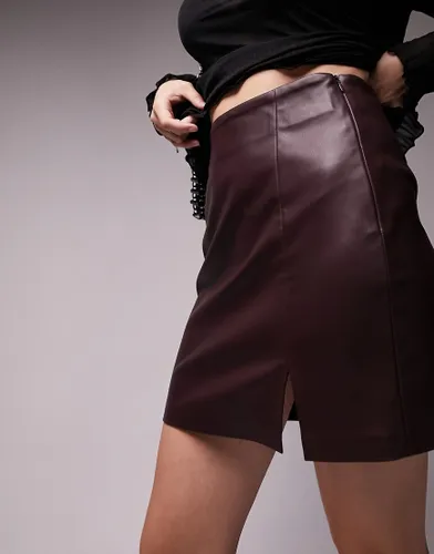 Topshop leather look split detail mini skirt in burgundy-Red