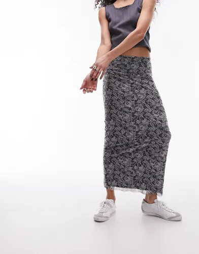 Topshop mesh lace print jersey maxi skirt in mono-Multi