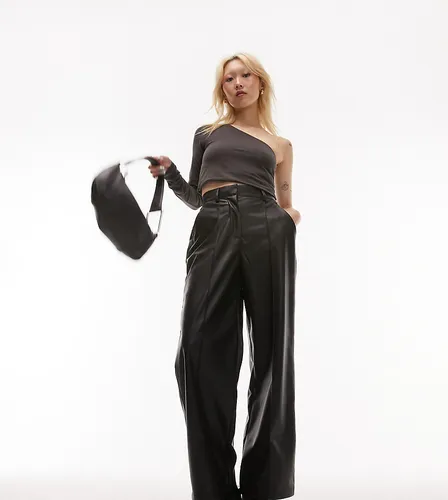 Topshop Petite faux leather dad pleated wide leg trouser in black