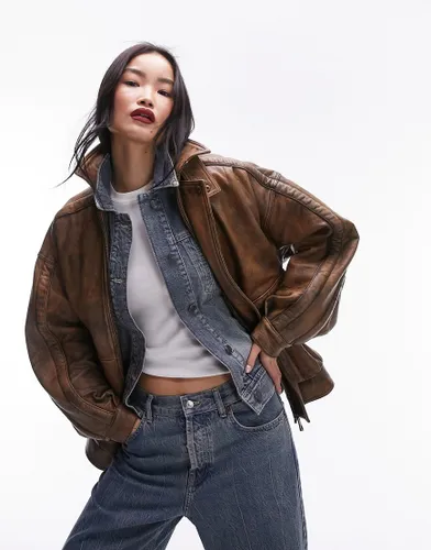 Topshop premium real leather oversized bomber jacket in tan-Brown