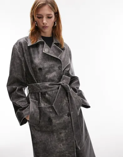 Topshop real leather washed effect trench coat in grey