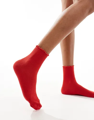Topshop ribbed frill socks in red
