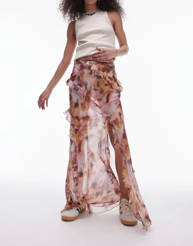 Topshop Ruffle Sheer Maxi Skirt in splodge tie dye-Multi