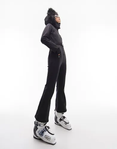 Topshop Sno ski suit with fur hood & belt in black