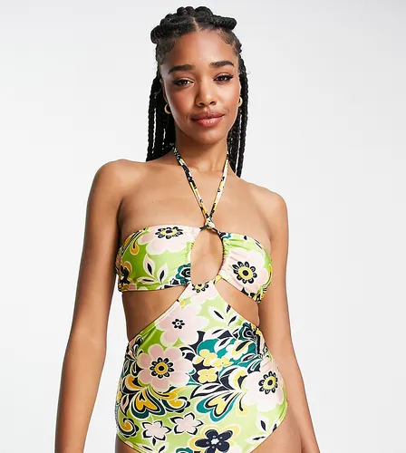 Topshop Tall 60's floral keyhole cut out swimsuit-Multi