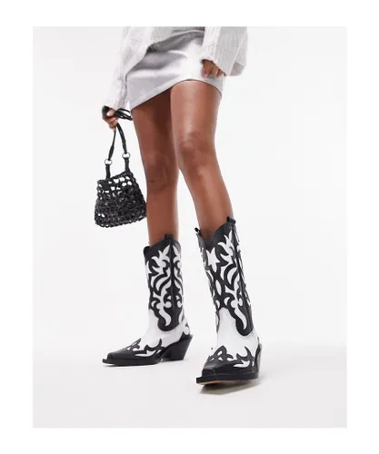 Topshop Womens Belle premium leather hand stitched western boot in black and white