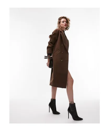 Topshop Womens double breasted long coat in chocolate-Brown
