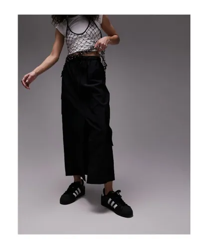 Topshop Womens elasticated waist nylon midi skirt with pockets in black
