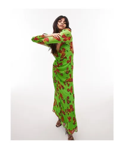 Topshop Womens gathered floral open back long sleeve maxi dress in green