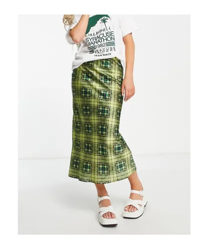 Topshop Womens grunge check satin bias midi skirt in green