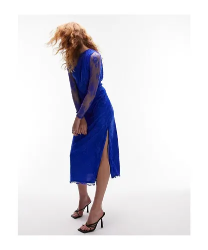 Topshop Womens long sleeve lace midi dress in cobalt-Blue