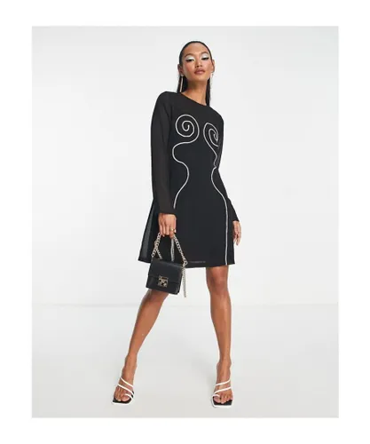 Topshop Womens long sleeve swirl contrast stitch detail mini dress in black