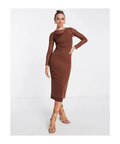 Topshop Womens mesh mixed long sleeve midi dress in brown