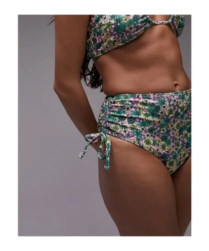 Topshop Womens mix and match ditsy floral ruche side high waist bikini bottoms in pink-Multi - Multicolour
