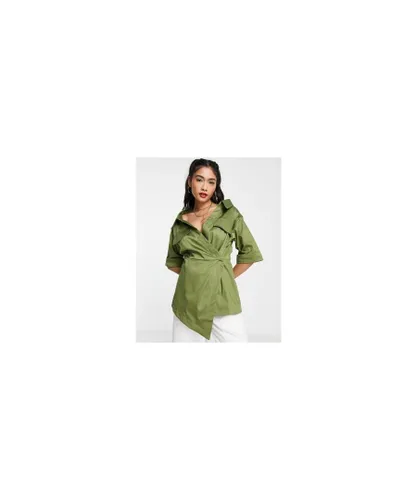 Topshop Womens premium utility wrap shirt in green Cotton