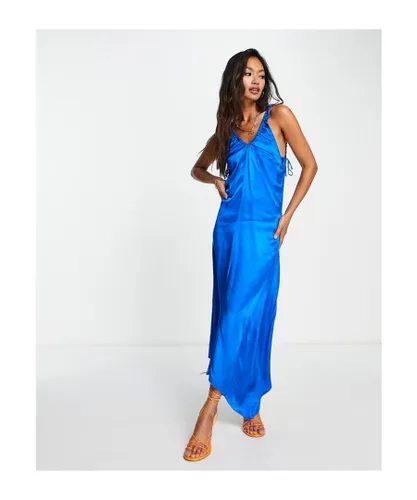 Topshop Womens ruch front keyhole satin midi dress in cobalt blue