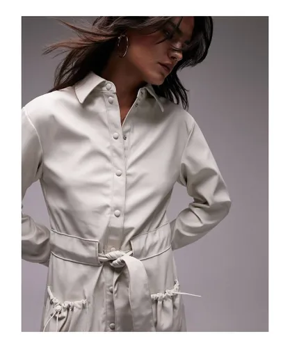 Topshop Womens soft touch faux leather midi belted shirt dress in ecru-White