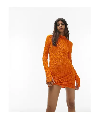 Topshop Womens textured jersey long sleeve mini dress in orange