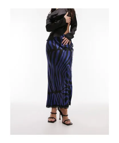 Topshop Womens zebra print satin midi skirt in navy with black lace trim - Blue