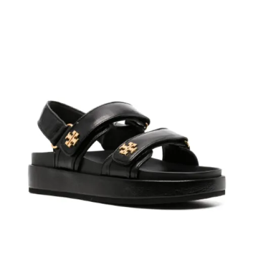 Tory Burch , Black Leather Sandals with Touch-Strap Fastening ,Black female, Sizes: