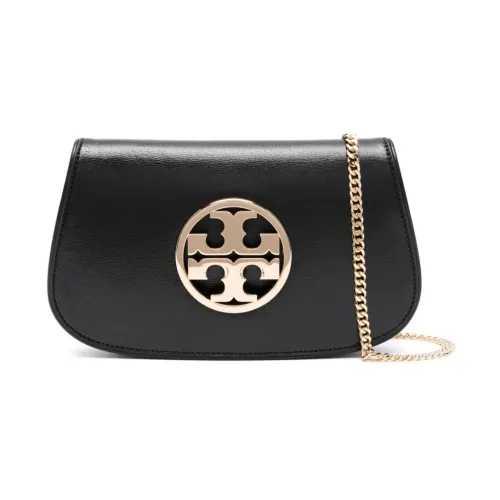Tory Burch , Black Leather Shoulder Bag with Gold Logo Plaque ,Black female, Sizes: ONE SIZE