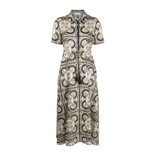 Tory Burch , Graphic Print Dress with Semi-Sheer Panels ,Beige female, Sizes: