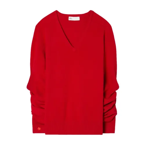 Tory Burch , Ruby Red V-Neck Wool-Blend Jumper ,Red female, Sizes: