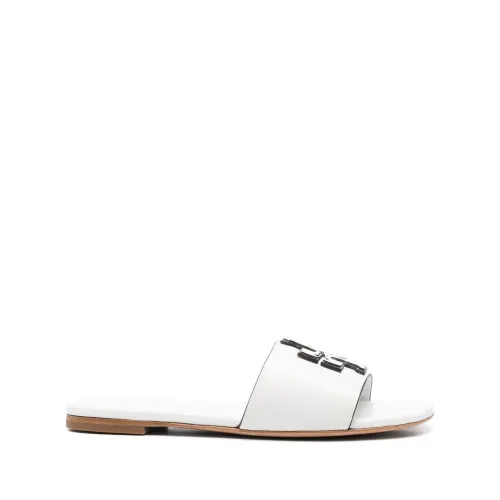 Tory Burch , White Leather Slides with Embossed Logo ,White female, Sizes: