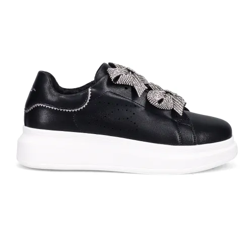 Tosca Blu , Black Leather Slip-On Sneakers with Rhinestone Bows ,Black female, Sizes: