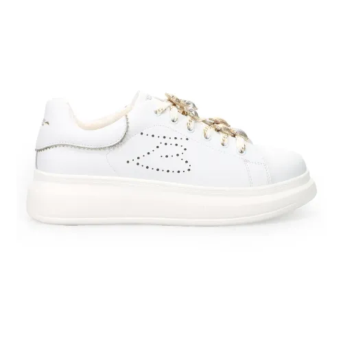 Tosca Blu , White Leather Sneakers with Rhinestone Accents ,White female, Sizes: