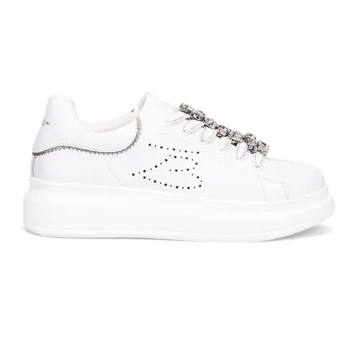 Tosca Blu , White Leather Sneakers with Rhinestone Accessories ,White female, Sizes: