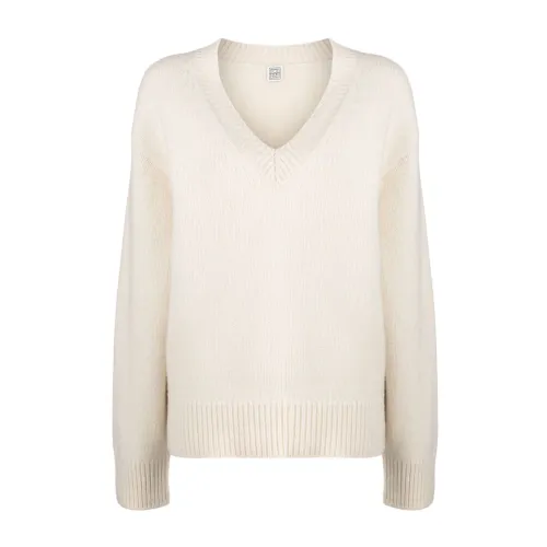 TotêMe , Ivory Wool Cashmere V-Neck Sweater ,Beige female, Sizes: