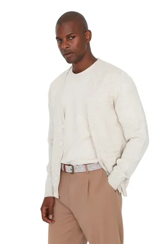 Trendyol Man Regular Basic V Neck Knitwear Cardigan Beige