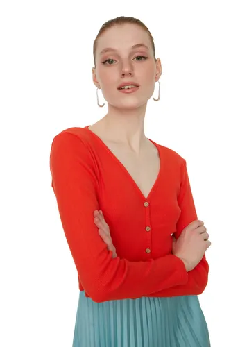 Trendyol Women Fitted Basic V Neck Knit Blouse Orange