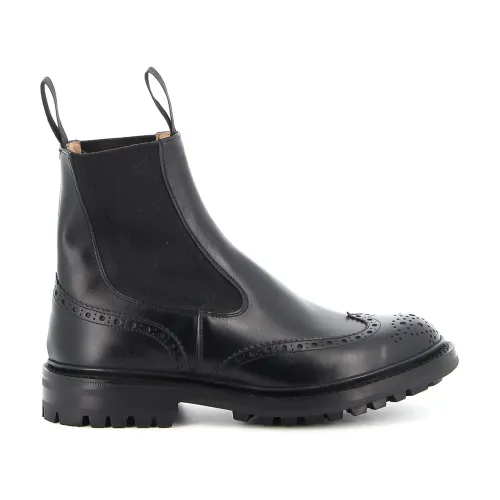 Tricker's , Black Leather Chelsea Boot with Brogue Detail ,Black male, Sizes:
