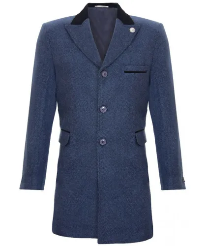 TruClothing Mens 3/4 Long Navy Crombie Overcoat Jacket Herringbone Tweed Coat Peaky Blinder Suede