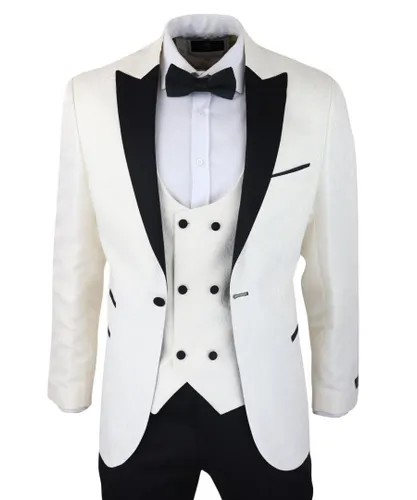 TruClothing Mens Beige Tuxedo Blazer Waistcoat Brocade Ivory Satin Paisley Dinner Jacket - Cream
