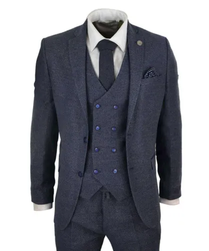 TruClothing Mens Blue Wool 3 Piece Suit Double Breasted Waistcoat Tweed Peaky Blinders 1920s - Navy