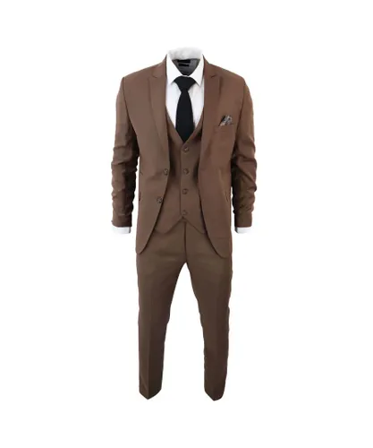 TruClothing Mens IM1 Classic Plain Brown 3 Piece Suit