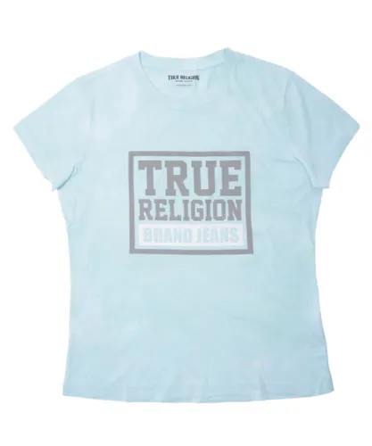 True Religion Womenss Flock Box Logo Crew Neck T-Shirt in aqua - Blue
