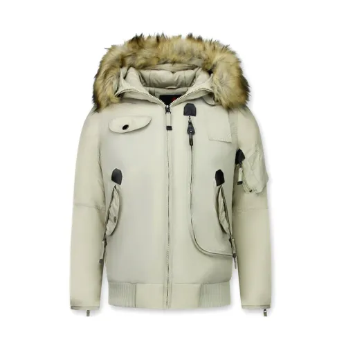 True Rise , Winter Jacket for Men Short - Fake Fur Collar Pilot Jacket ,Beige male, Sizes: