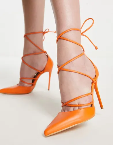 Truffle Collection tubular tie leg pointed stiletto heeled shoes in orange