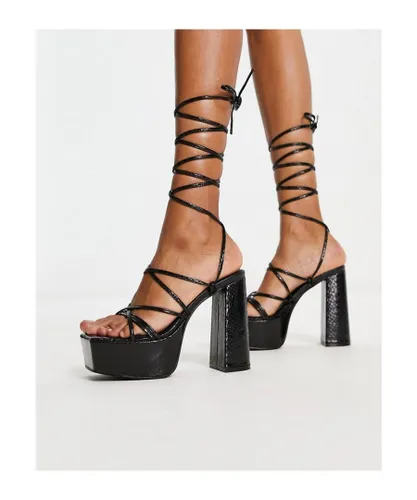 Truffle Collection Womens mega platform strappy sandals in black snake