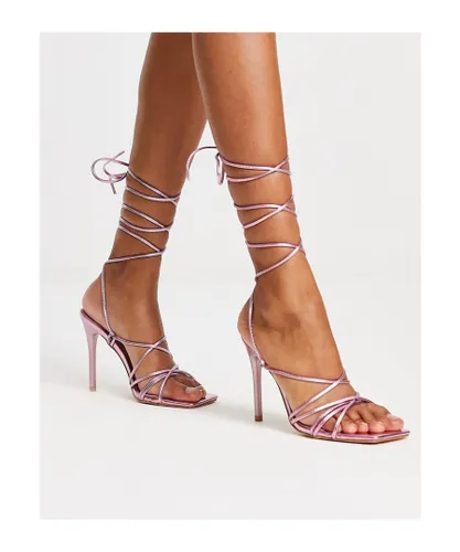 Truffle Collection Womens tie leg stilletto heeled sandals with square toe in pink