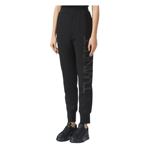 Twinset , Black Joggers with Wide Waistband and Comfortable Fit ,Black female, Sizes: